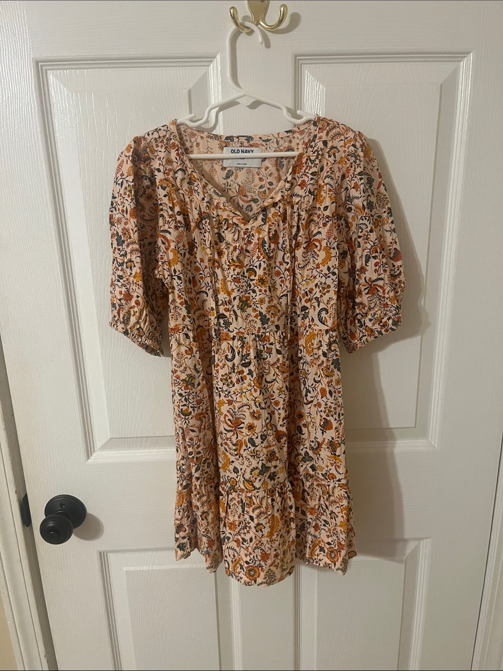 Old Navy Peach Floral Tiered Mini Dress with Mustard and Olive Accents